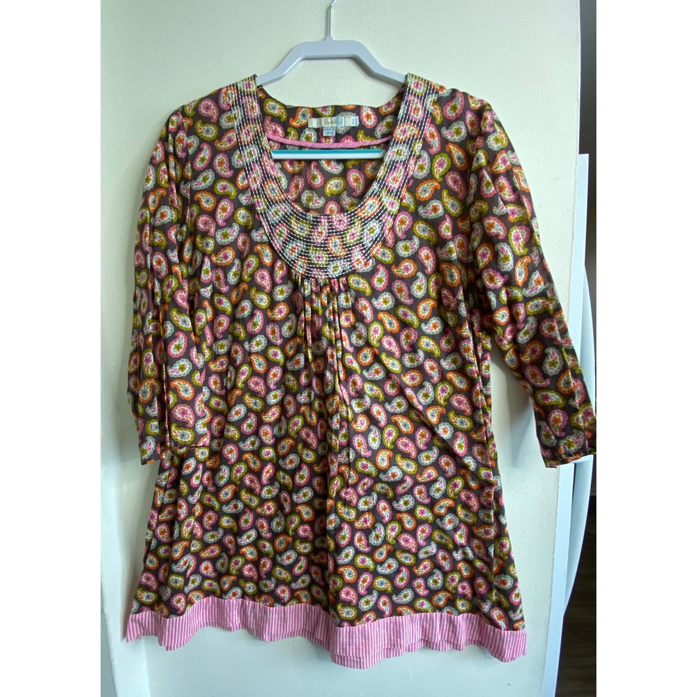 Boden Womens Pink Orange Paisley Tunic Top Striped Hem Size US 12 UK 16